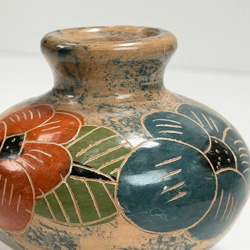 Vintage Floral‎ Pottery Bud Vase Small Multicolor Etched Folk Art Hand Painted